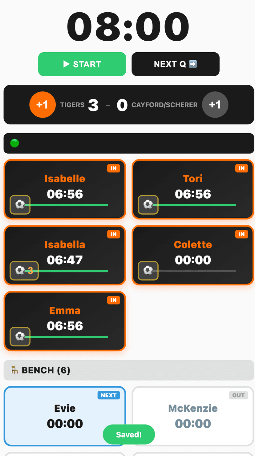 CoachKit app showing live game tracking with player times and scores